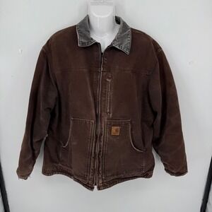 Carhartt Detroit Canvas Sherpa Lined Workwear Jacket XL C61-DKB Brown Distressed